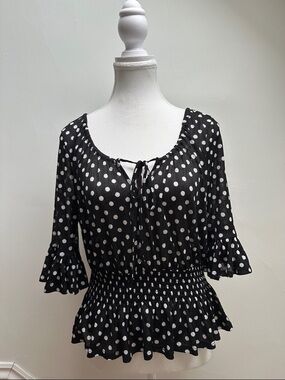 SUZY SHIER Polka Dot Sheer Peplum 3/4 Sleeve Preppy Ruffle Blouse Size Small